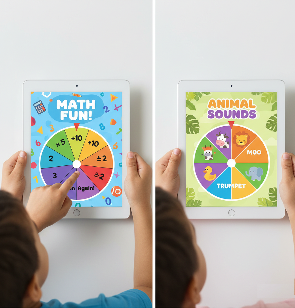 a split screen showing a digital wheel for 