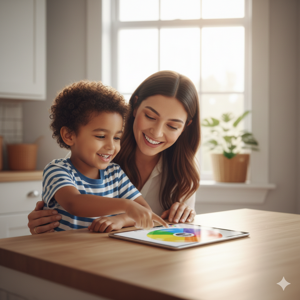 A happy child spinning the color wheel on a tablet for a home-schooling activity