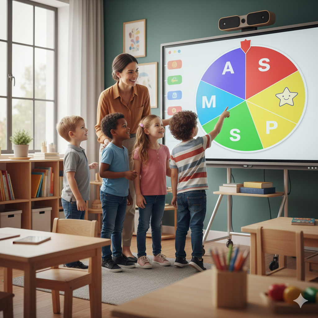 Children Engaged with Interactive Alphabet Wheel in Classroom
