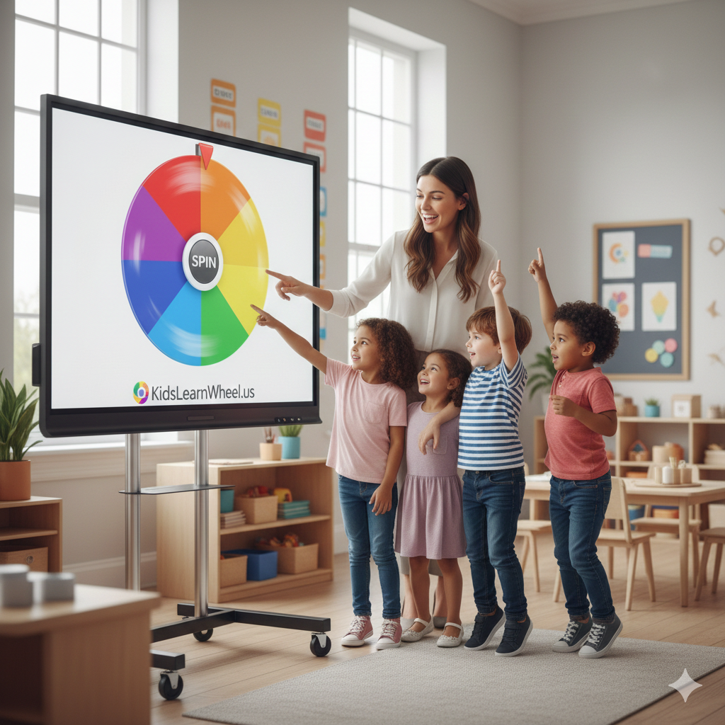 kids learninPreschool students and teacher using a random color spinner on a smartboardg colors in classroom