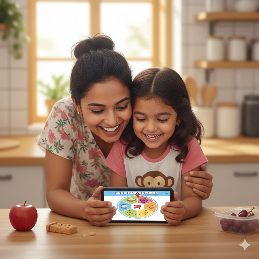 parent and child using lunch box spinner to choose school lunch ideas