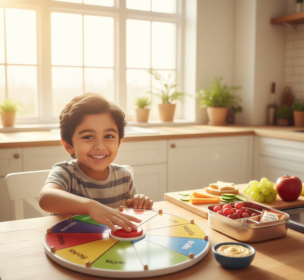colorful lunch box spinner flat lay